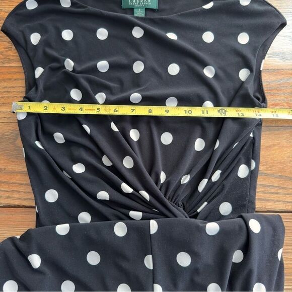 Lauren Ralph Lauren Polka Dot Dress Black Gathered Waist Bodycon Flattering Sz 6 - Picture 3 of 5